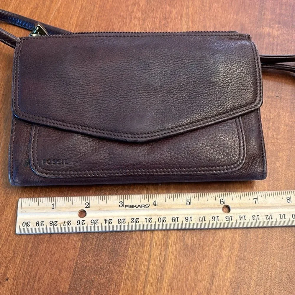 Fossil Travel Trifold Wallet & Purse Crossbody, Brown Pebble Leather